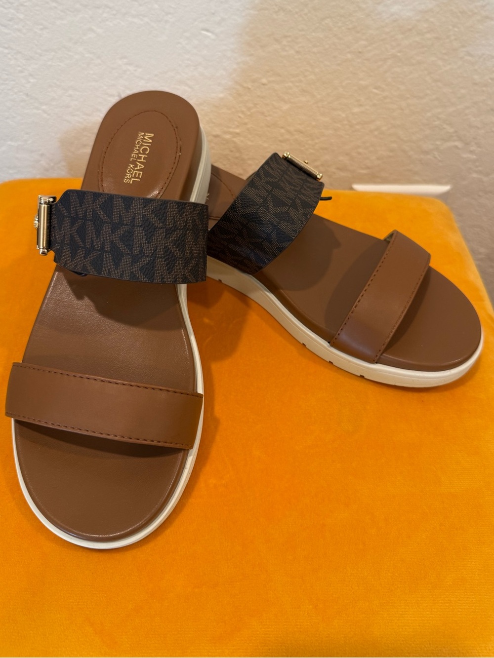 MICHAEL Michael Kors Brown Leather & MK Monogram Slide Sandals